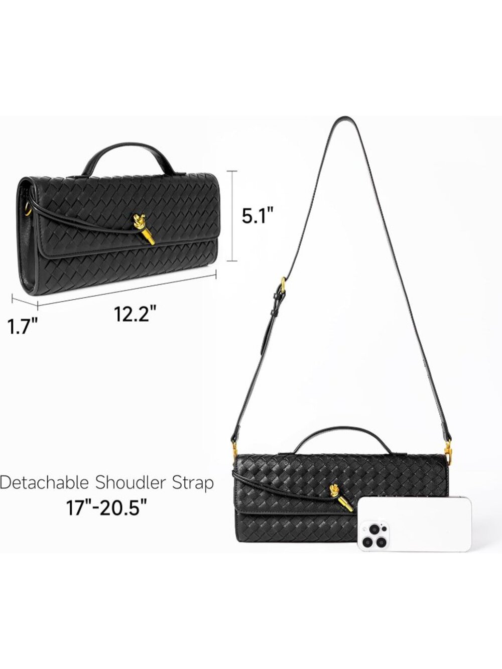 〽️Women's Black Clutch Purse Woven Vegan Leather Formal Evening Crossbody Bags - Picture 4 of 7